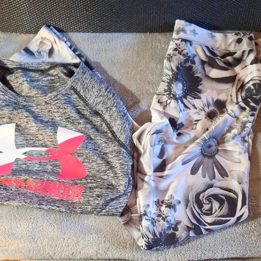 Under Armour Heather Gray Top with Pink Logo and Floral Leggings